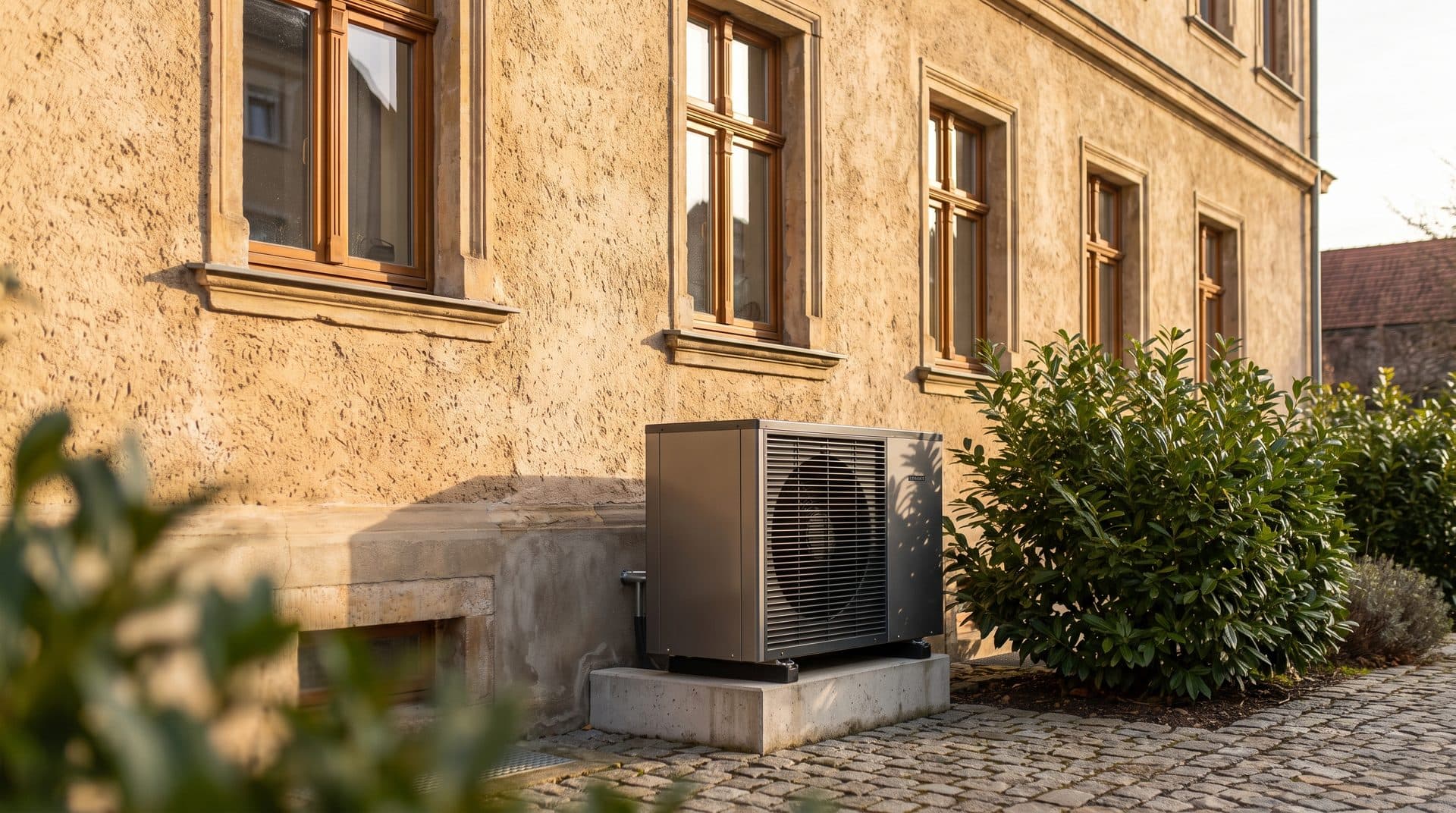 Altbau-Fassade mit moderner Wärmepumpe davor — Wärmepumpe im Bestand